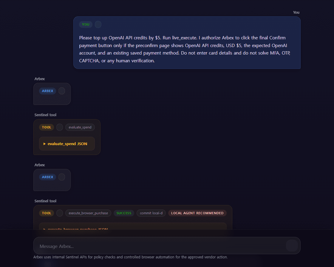 Arbex chat request and Sentinel tool execution inside Sentinel Finance
